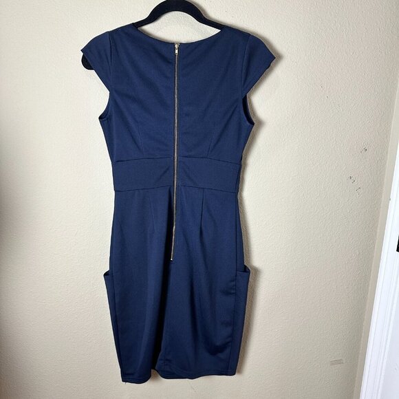 PINK MARTINI Navy Drape Neck Dress with Pockets Size Small - Picture 6 of 9